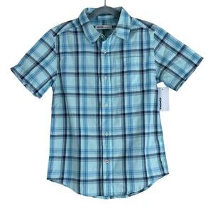 NWT Sonoma Plaid Button Down Shirt Boys S Blue 100% Cotton Short Sleeve Preppy